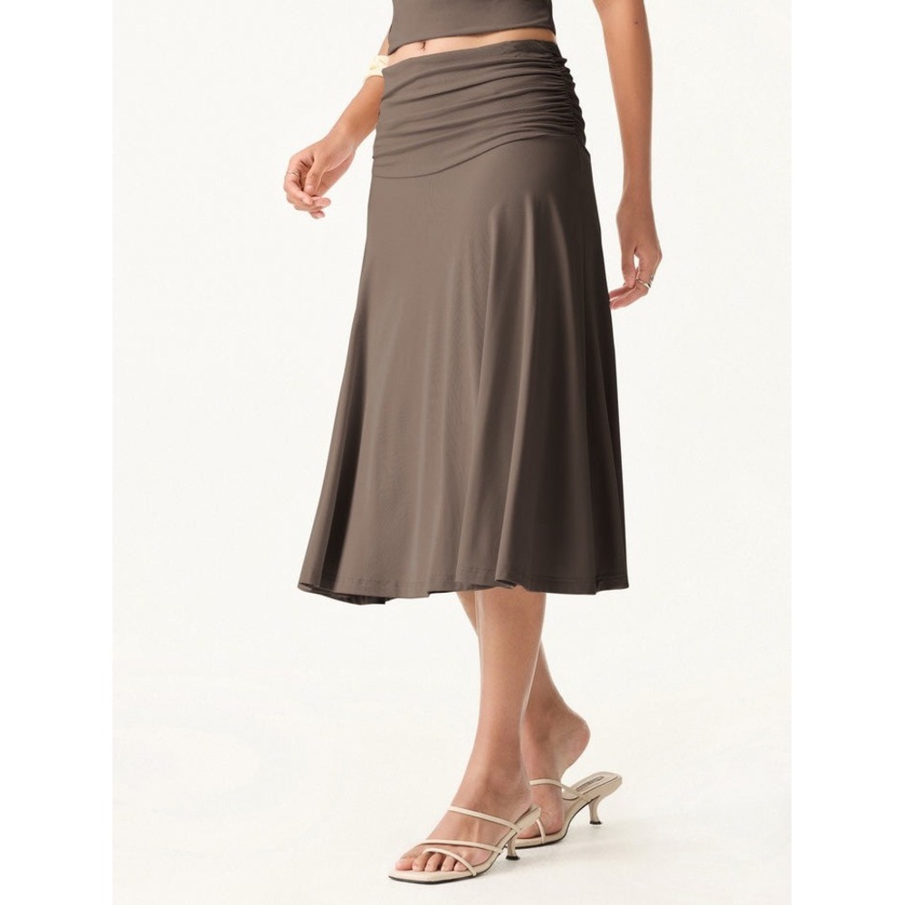 NWT OGL Flowy Side Ruched A-line Midi Skirt Iced Mocha Brown Medium